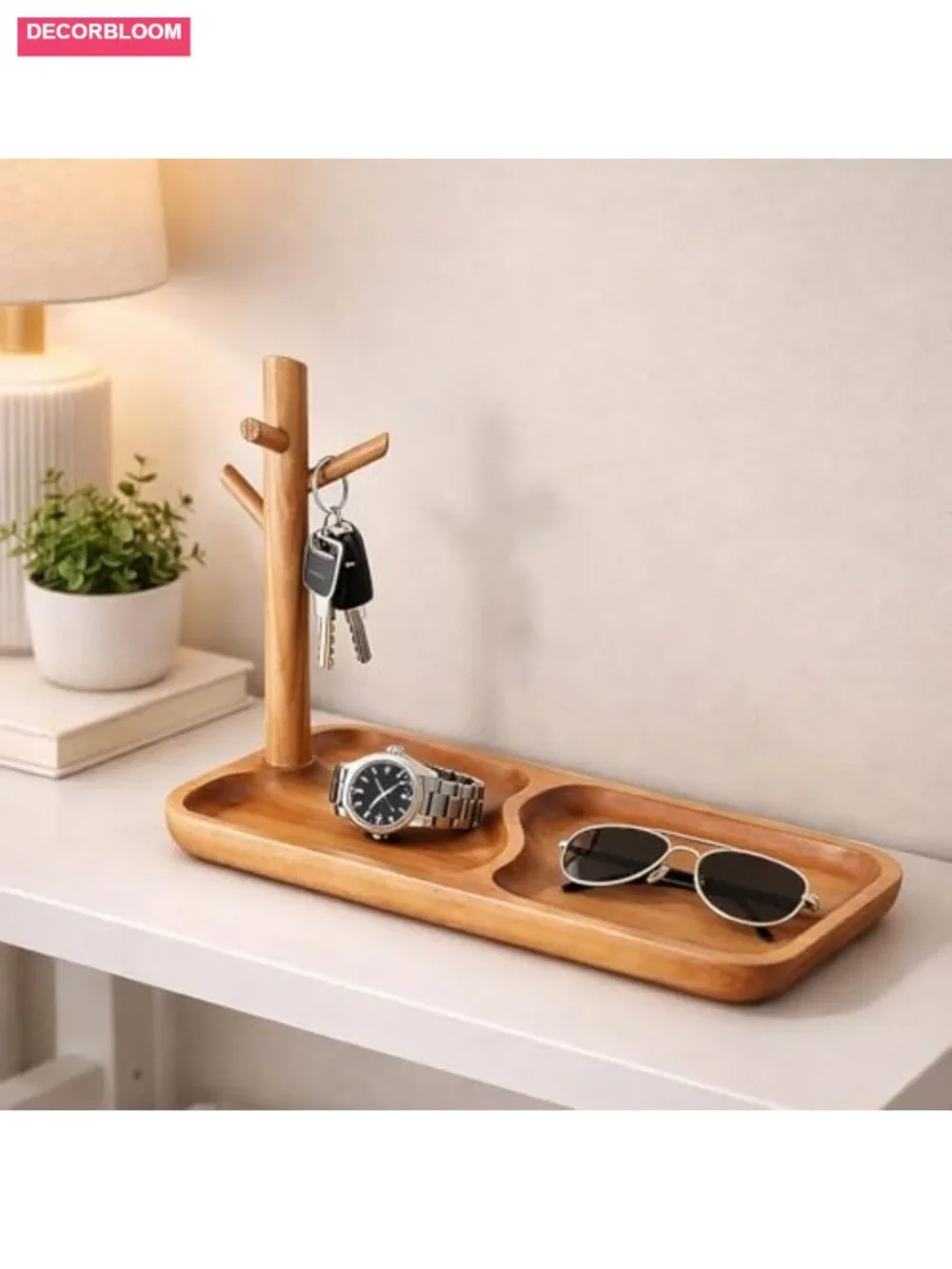 Acacia Wood Key Tray with Jewelry Rack Entryway Organizer